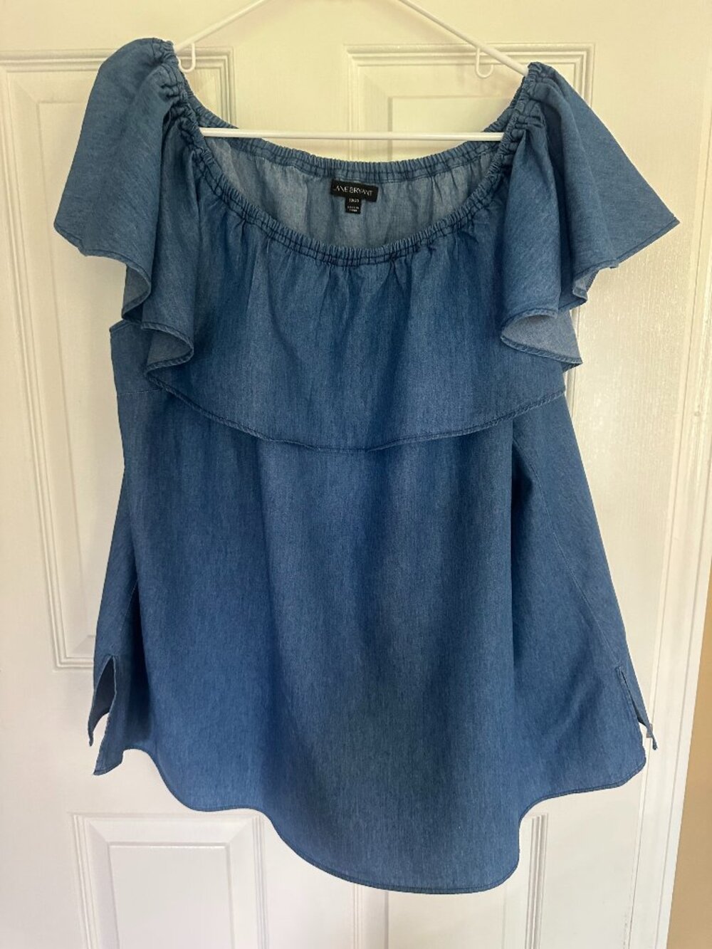 Lane Bryant 18/20 Chambray Off Shoulder Ruffle Top Plus Size Denim Look